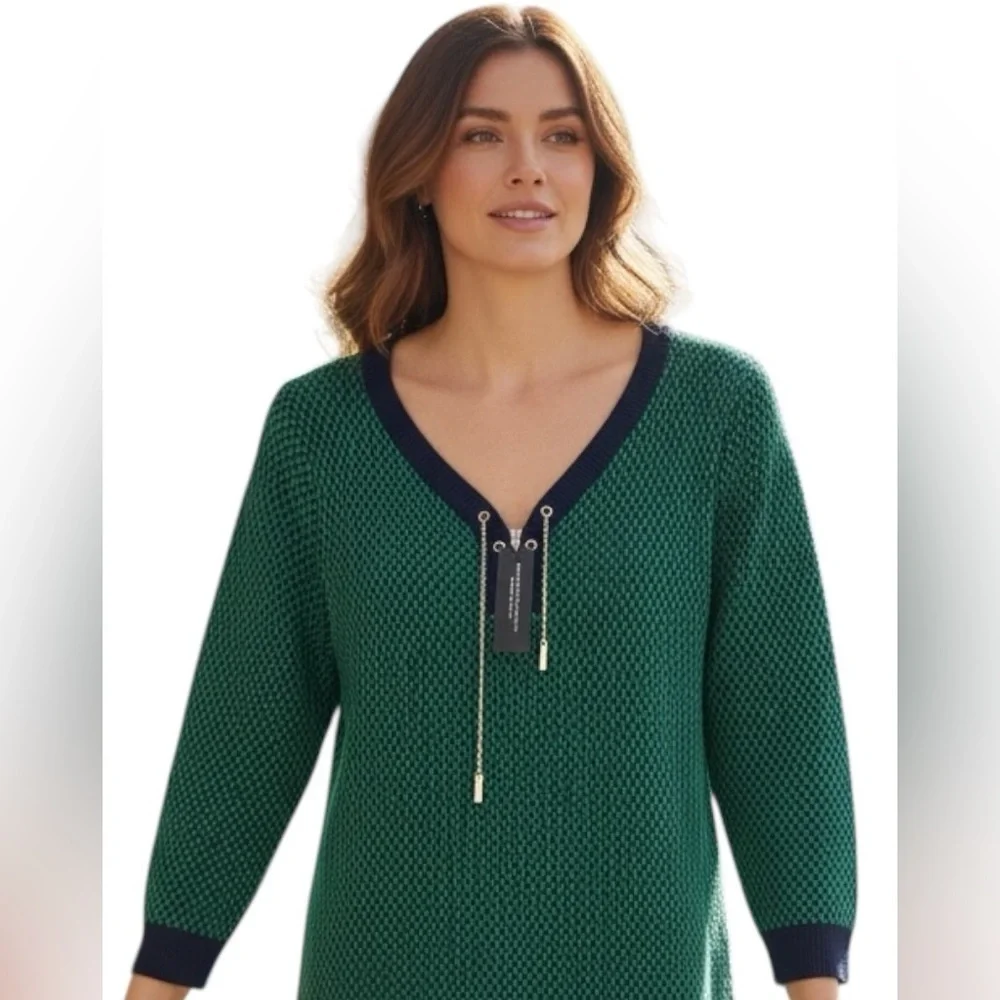 Cable & Gauge Green Navy Textured Knit Tunic Sweater Lace-Up Neck Size L NWT